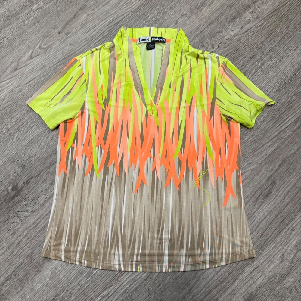 Jamie Sadock Womens Golf Top M Lime Green Orange Abstract Short Sleeve V-Neck
